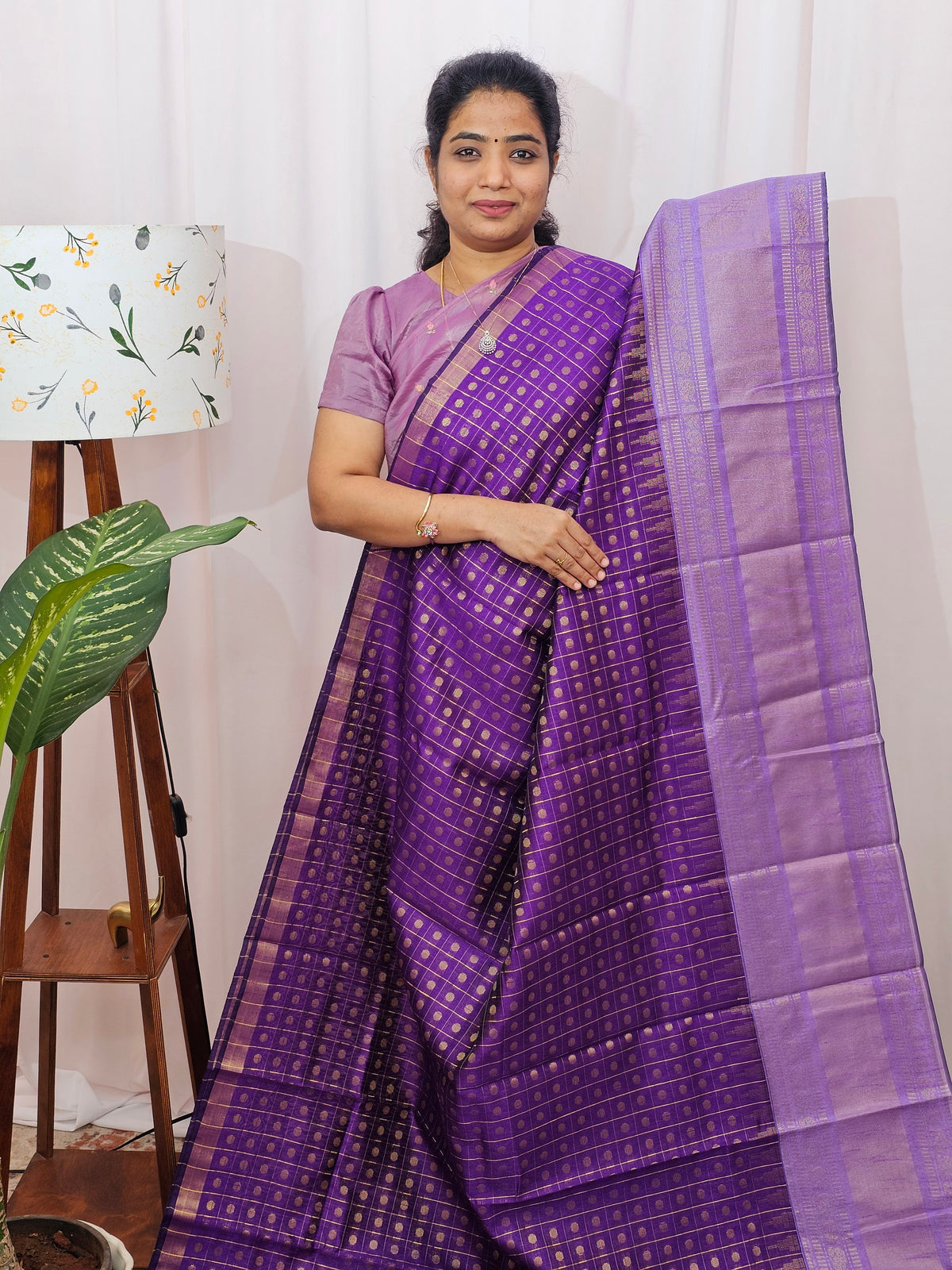 Semi Raw Silk Saree - Dark Purple with Lavender