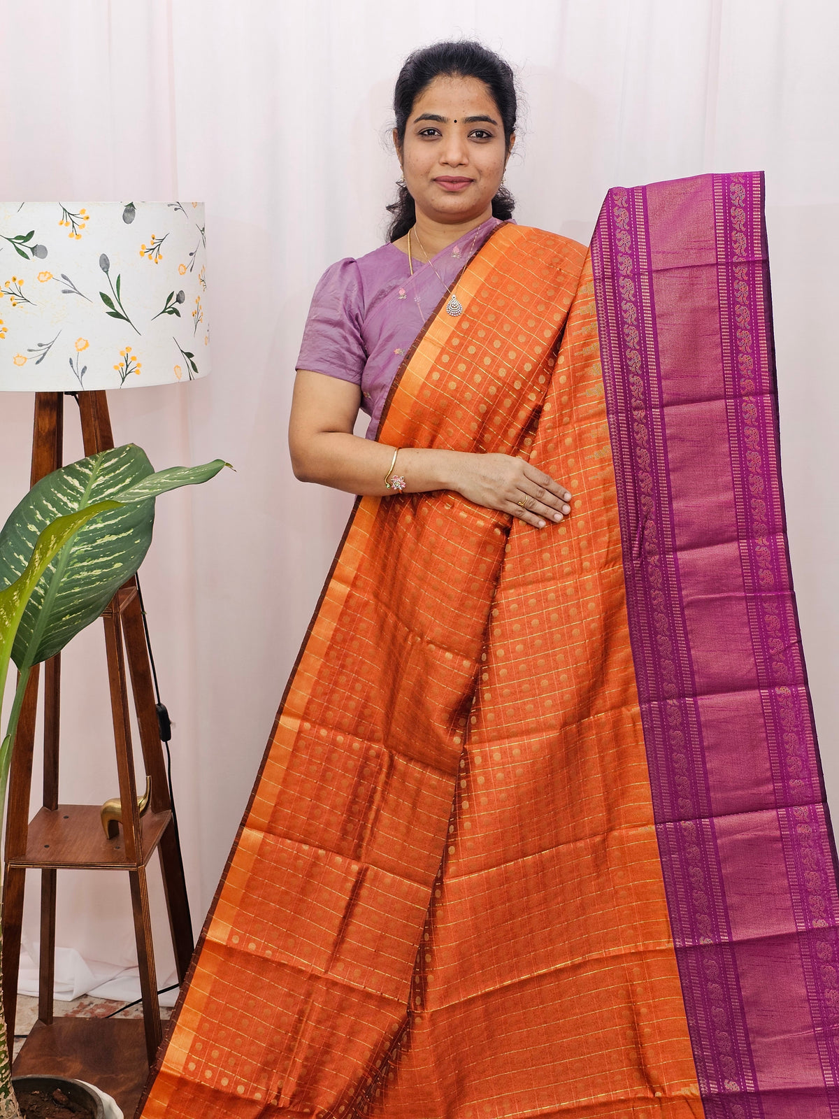 Semi Raw Silk Saree - Orange with Magenta Pink