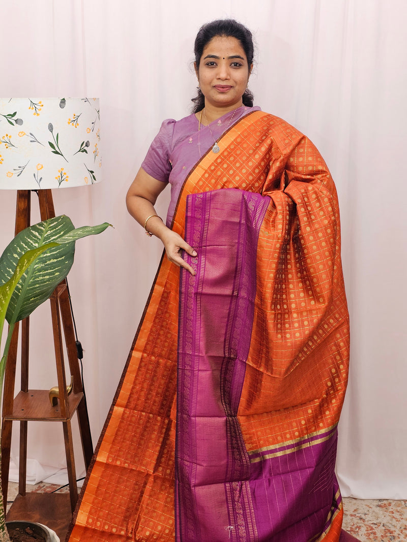 Semi Raw Silk Saree - Orange with Magenta Pink