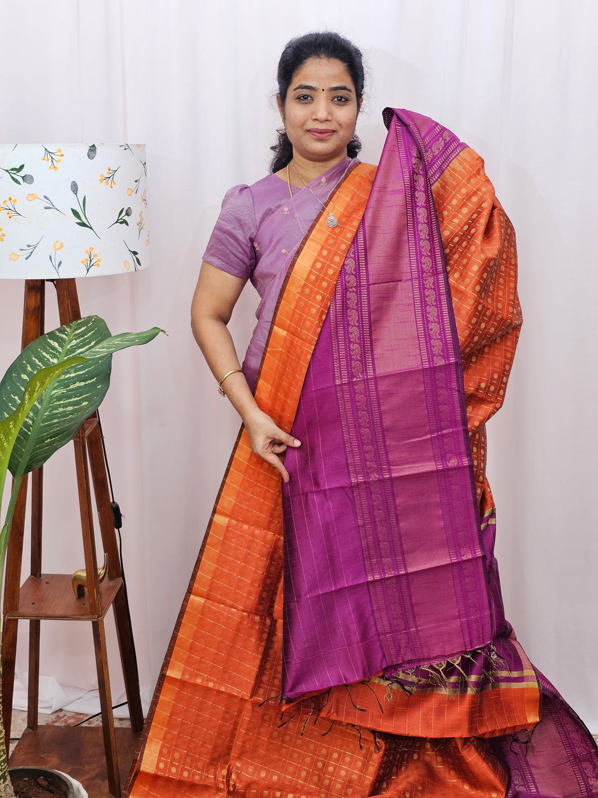 Semi Raw Silk Saree - Orange with Magenta Pink