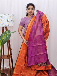 Semi Raw Silk Saree - Orange with Magenta Pink