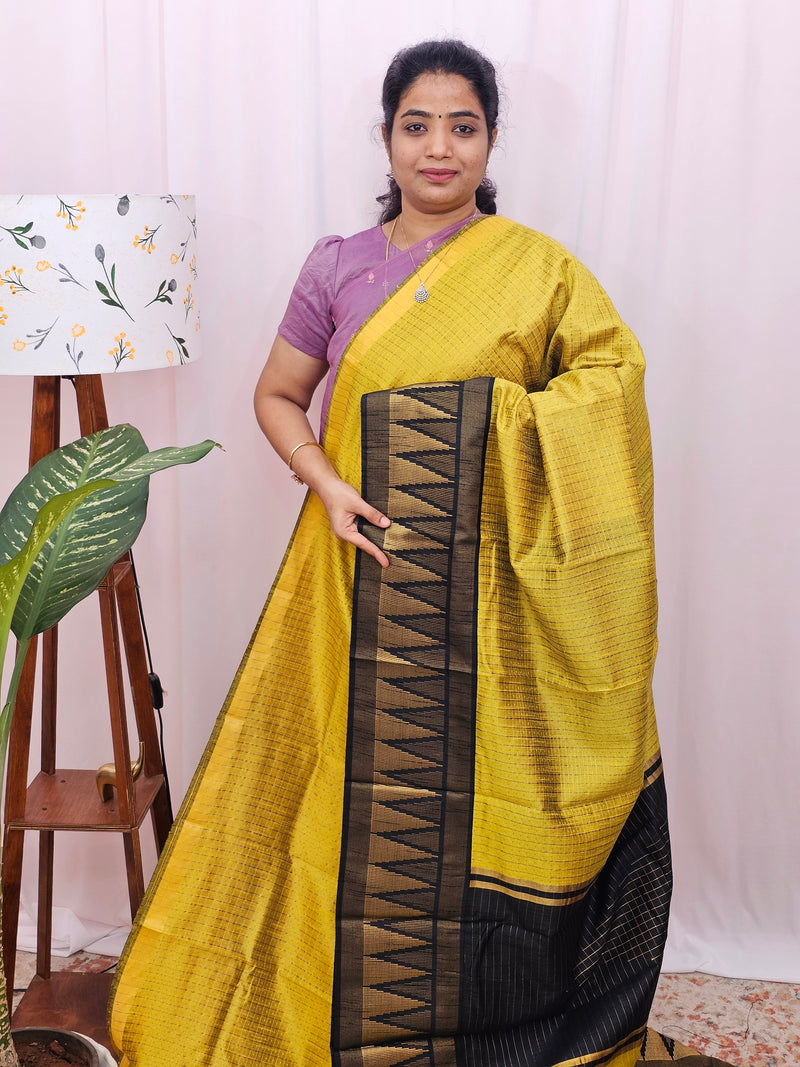 Semi Raw Silk Saree - Yellow with Black