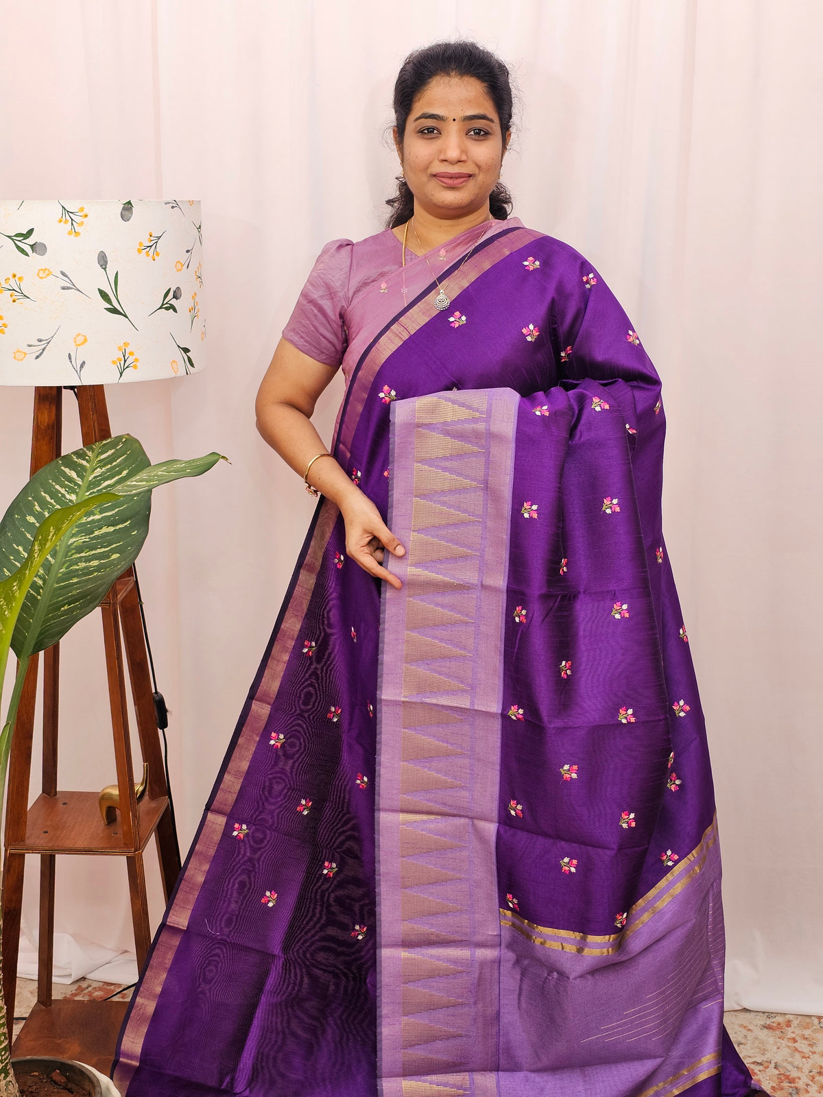Semi Raw Silk Saree with Emboridery - Dark Purple with Lavender
