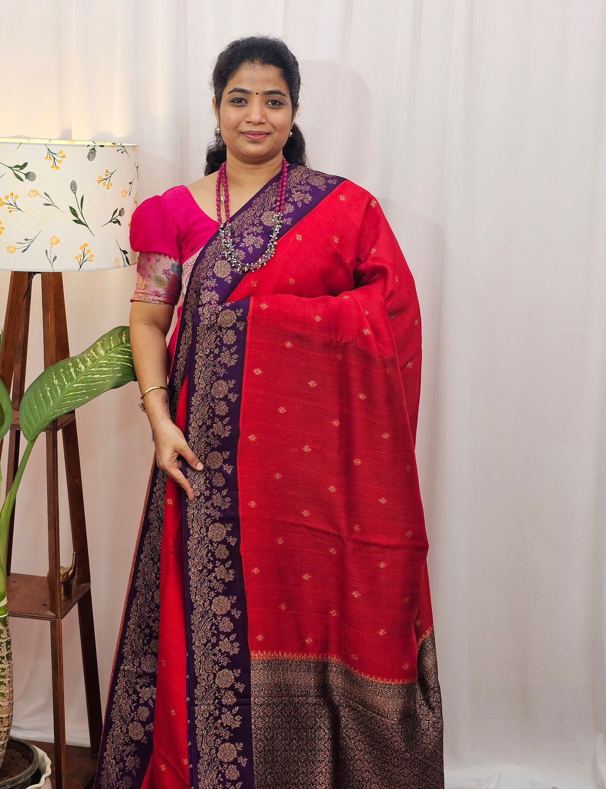Jute Banarasi Silk Saree - Red with Dark Purple