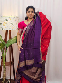 Jute Banarasi Silk Saree - Red with Dark Purple