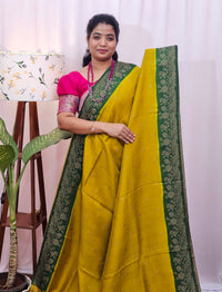 Jute Banarasi Silk Saree - Yellow with Green