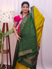 Jute Banarasi Silk Saree - Yellow with Green