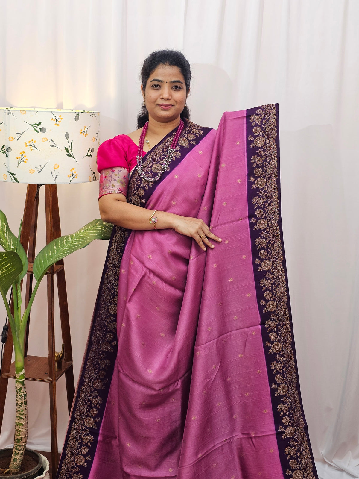 Jute Banarasi Silk Saree - Onion Pink with Purple