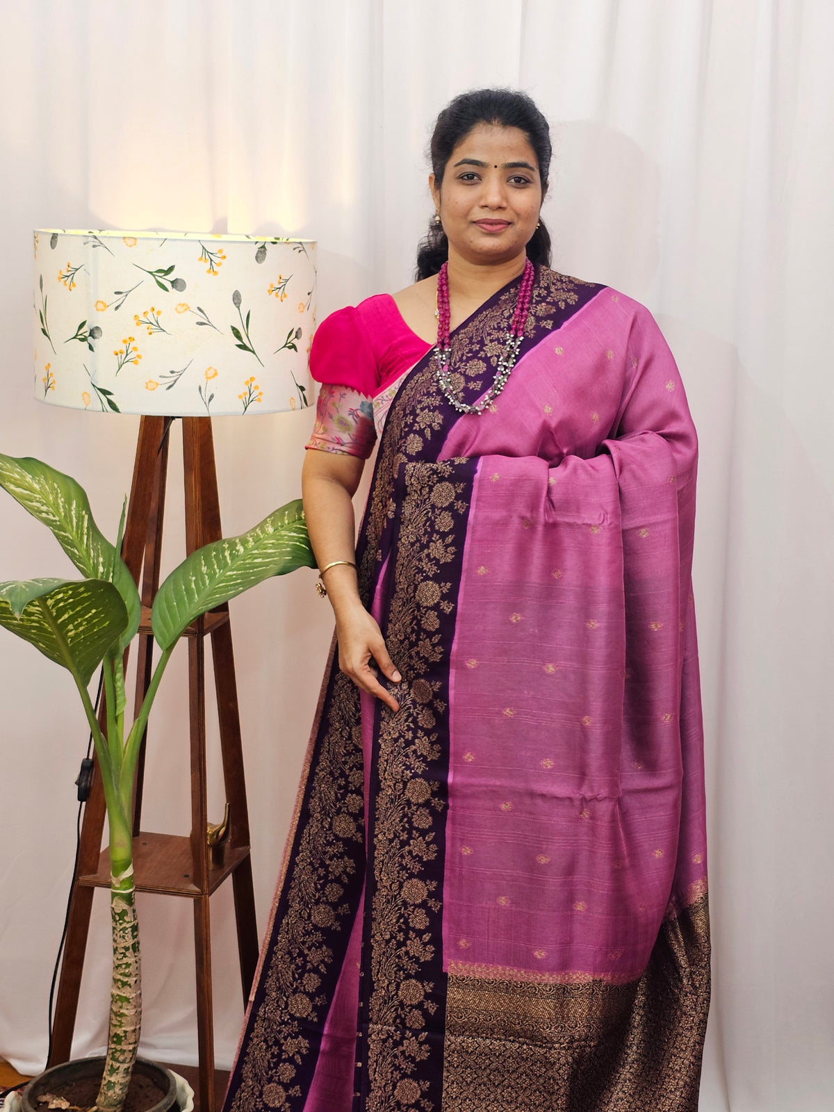 Jute Banarasi Silk Saree - Onion Pink with Purple