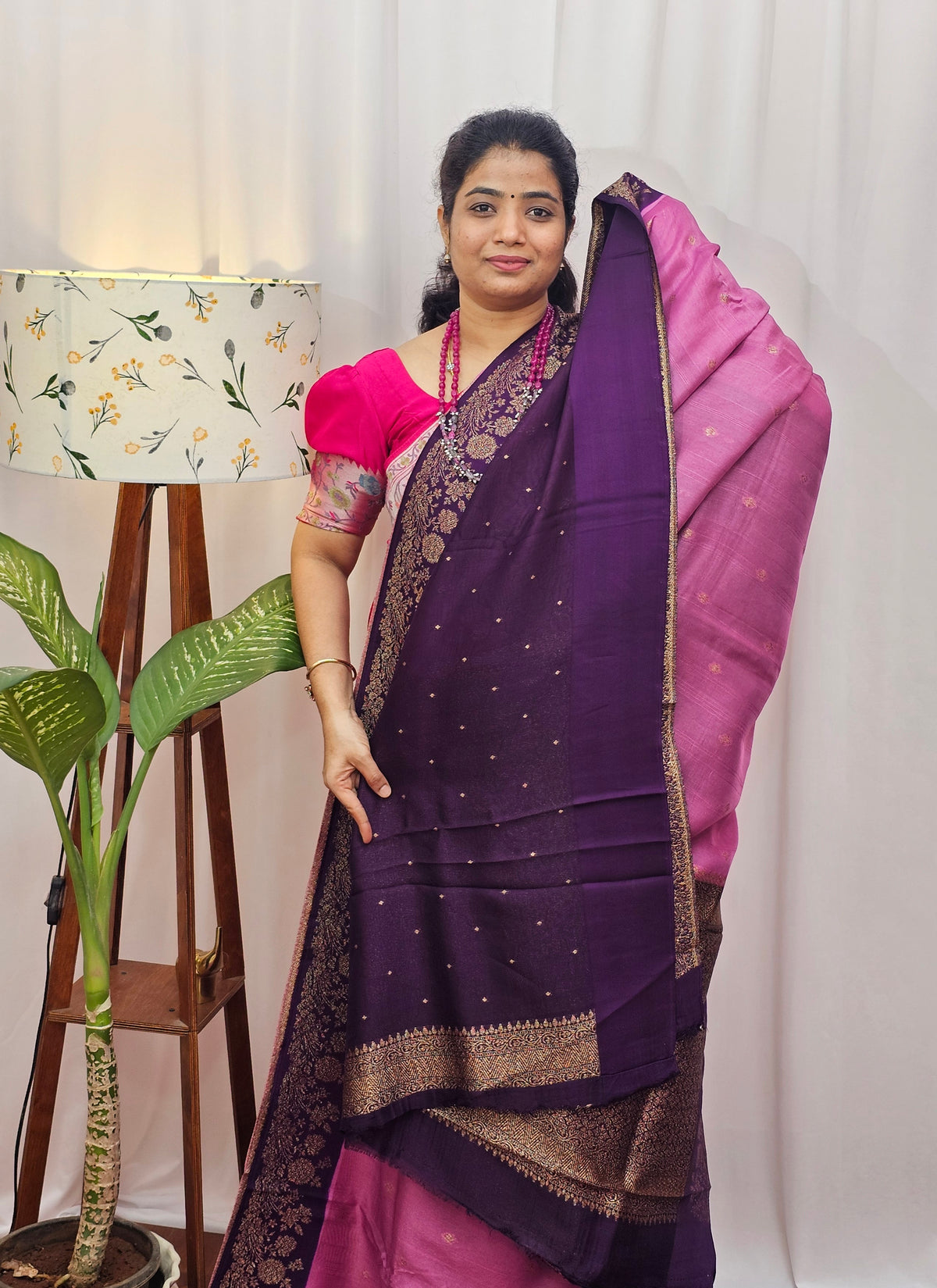 Jute Banarasi Silk Saree - Onion Pink with Purple