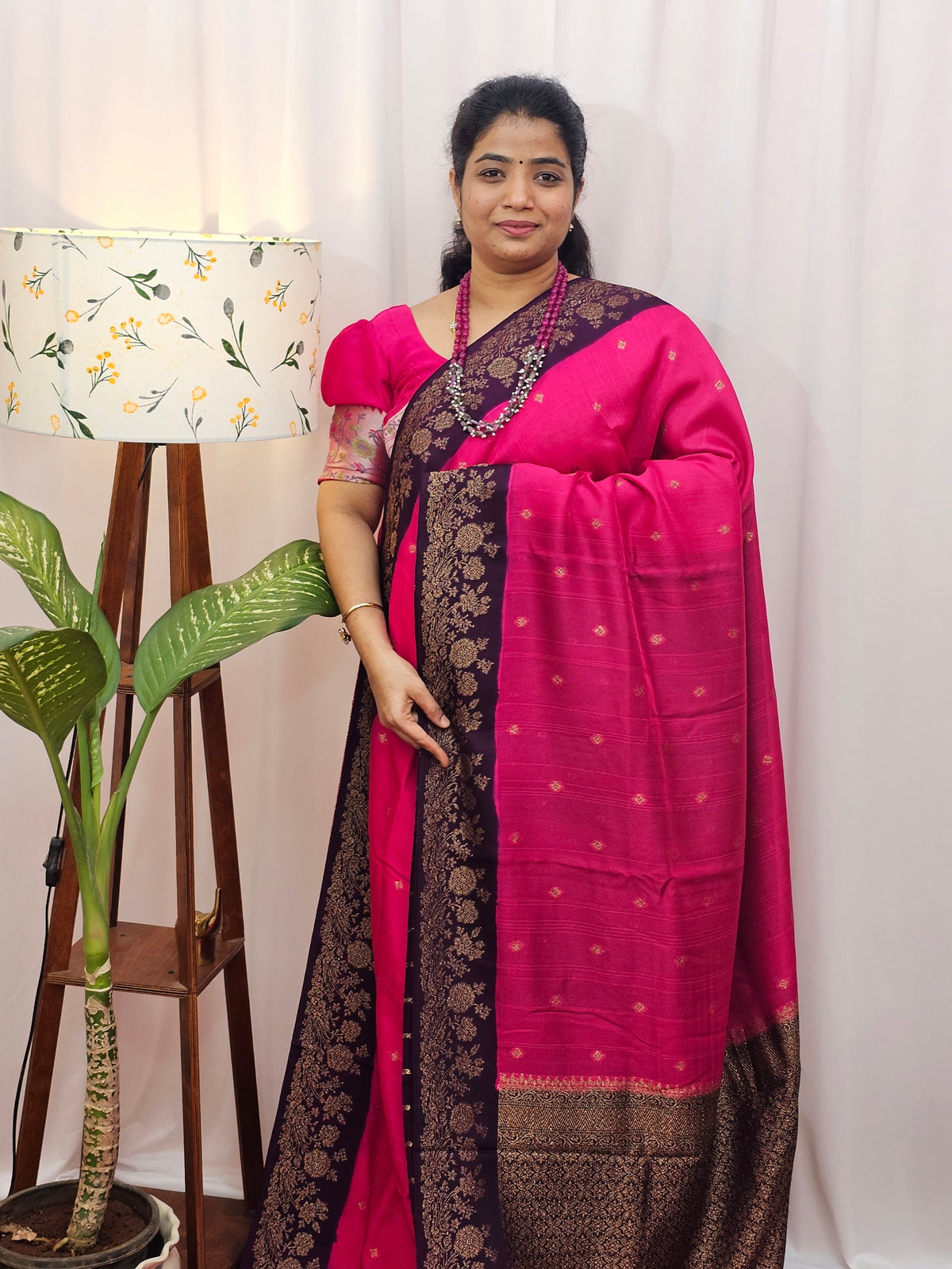 Jute Banarasi Silk Saree - Pink with Purple