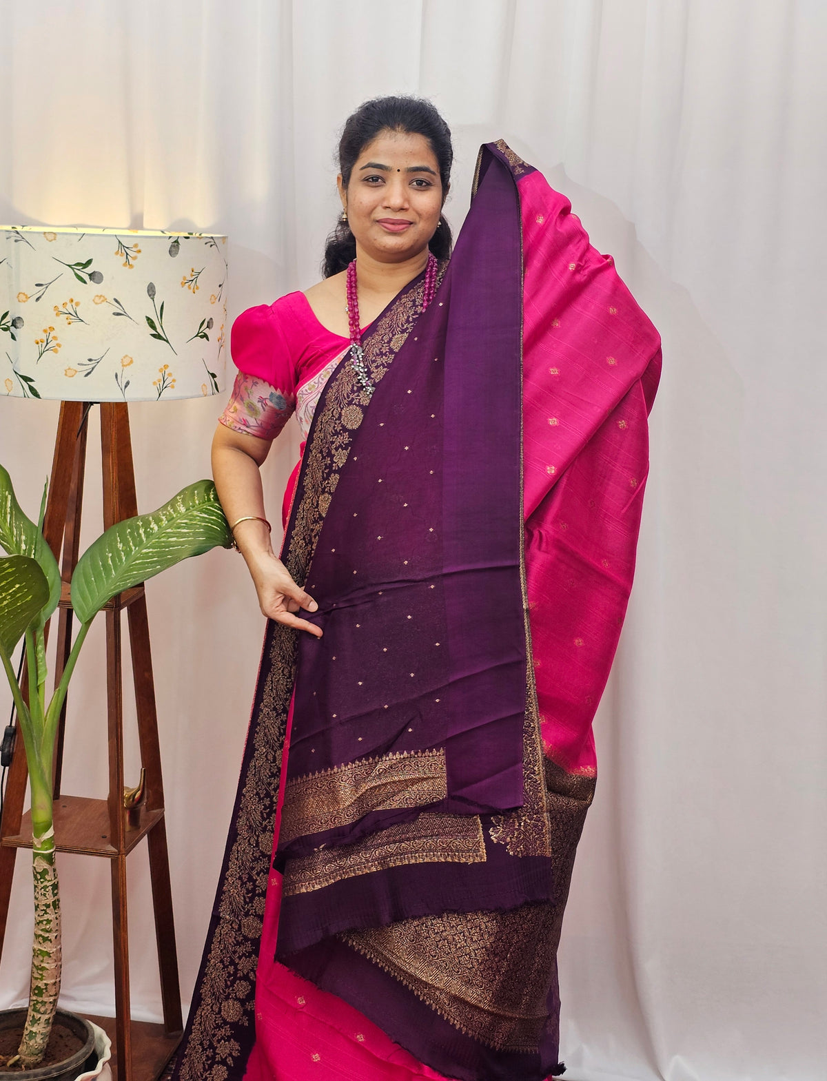 Jute Banarasi Silk Saree - Pink with Purple
