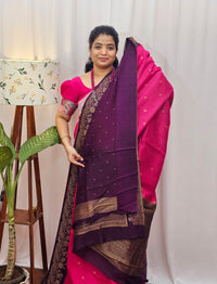 Jute Banarasi Silk Saree - Pink with Purple