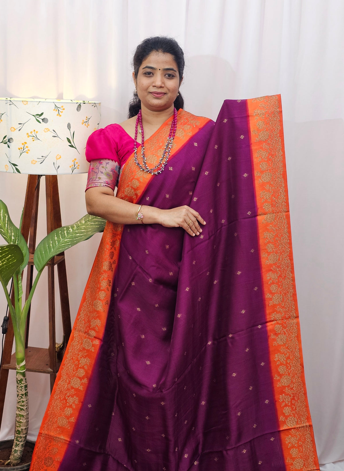 Jute Banarasi Silk Saree - Magenta Pink with Orange