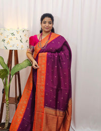 Jute Banarasi Silk Saree - Magenta Pink with Orange