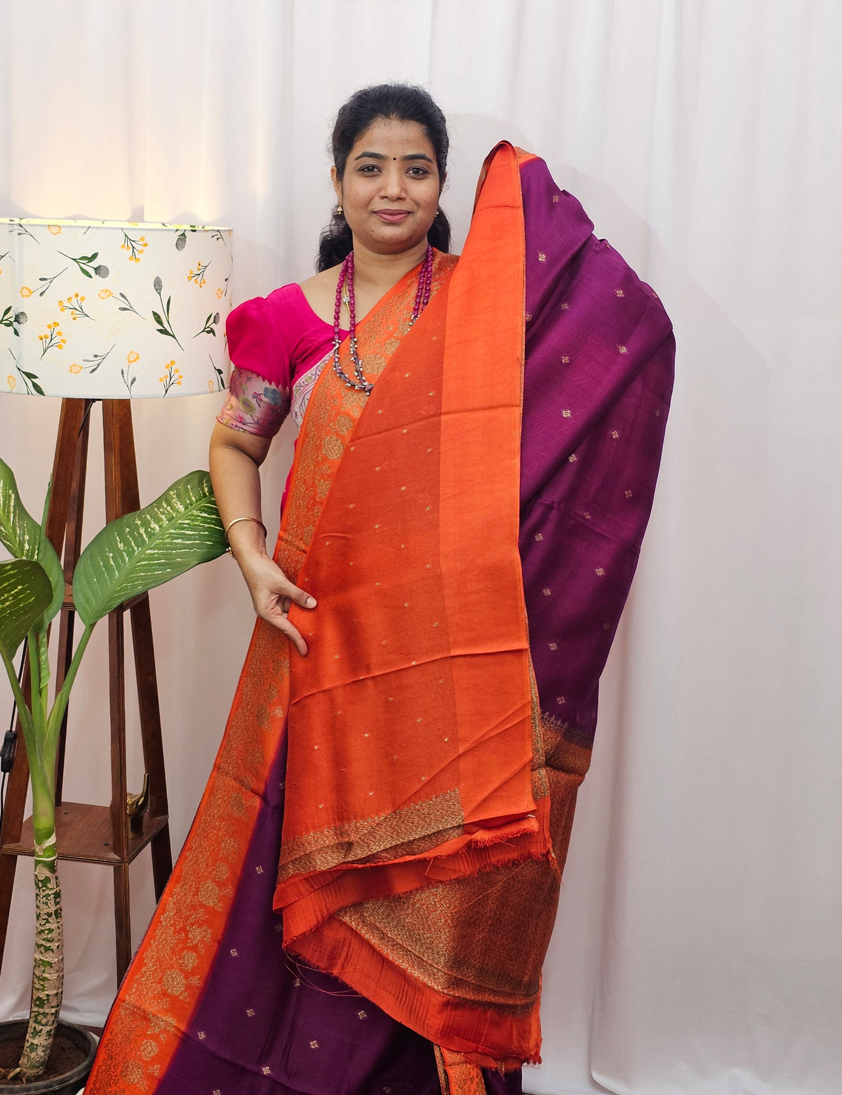 Jute Banarasi Silk Saree - Magenta Pink with Orange