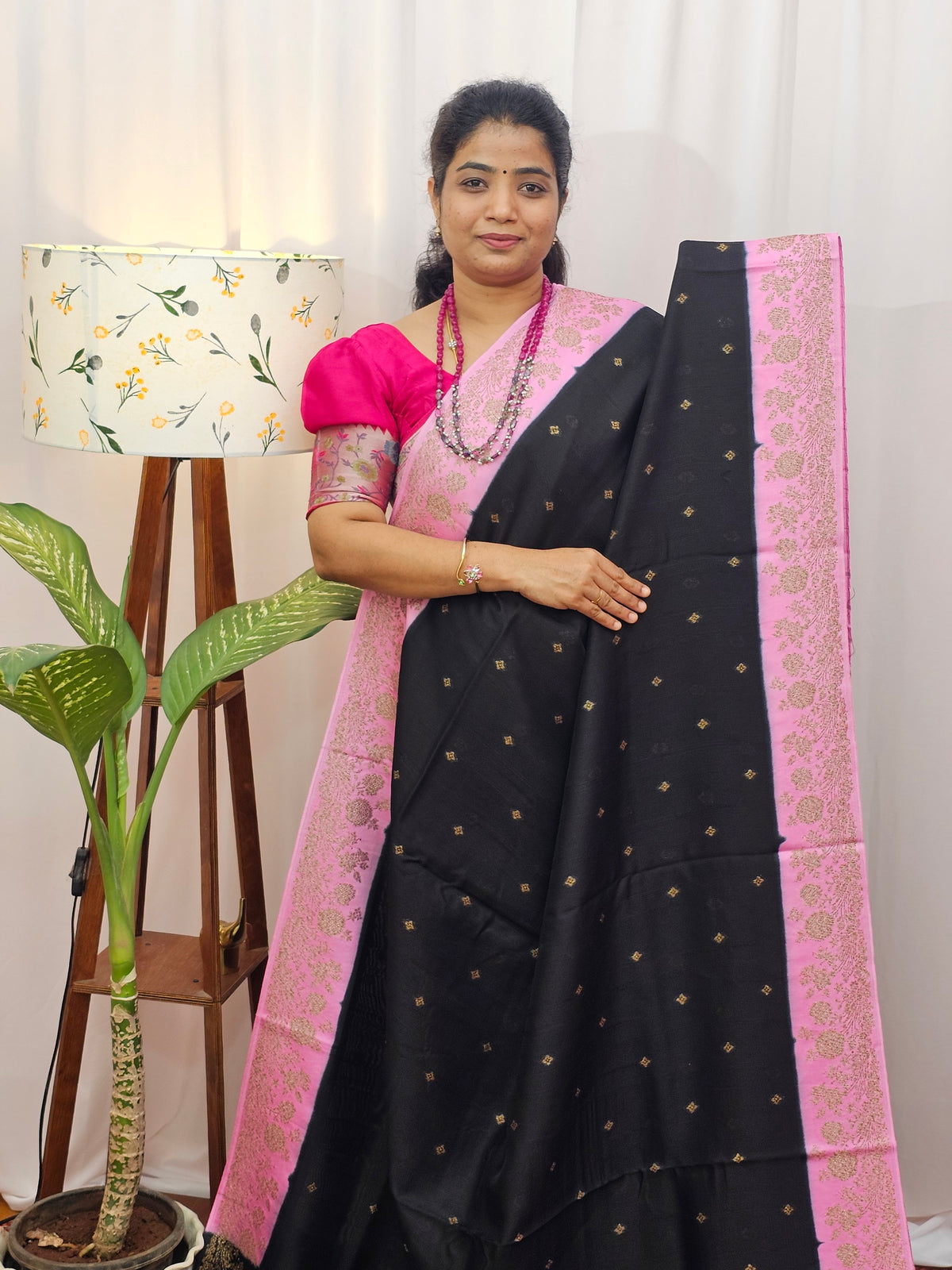 Jute Banarasi Silk Saree - Black with Pink