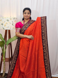 Jute Banarasi Silk Saree - Orange with Brown
