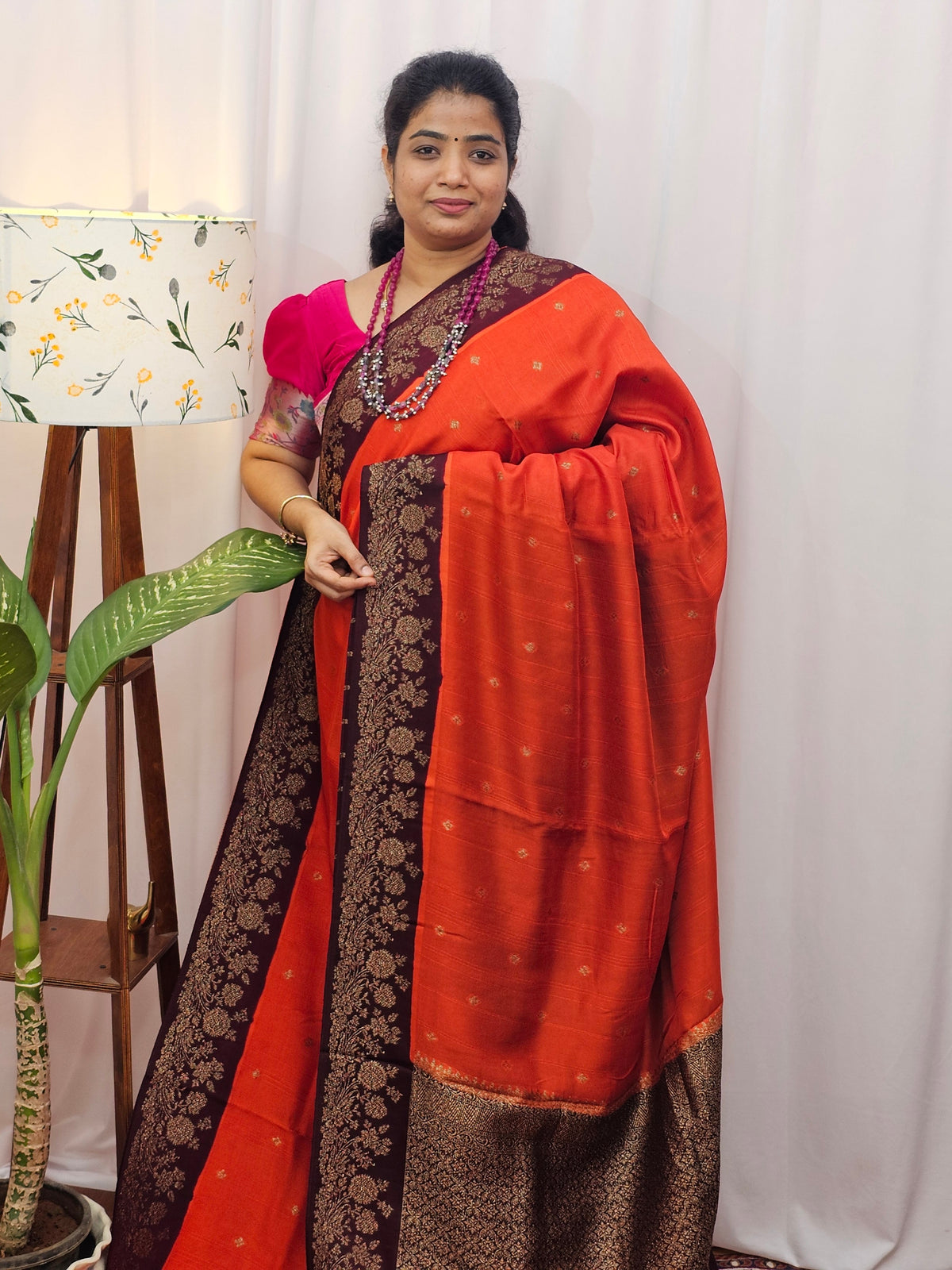 Jute Banarasi Silk Saree - Orange with Brown