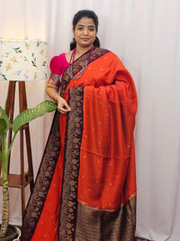 Jute Banarasi Silk Saree - Orange with Brown