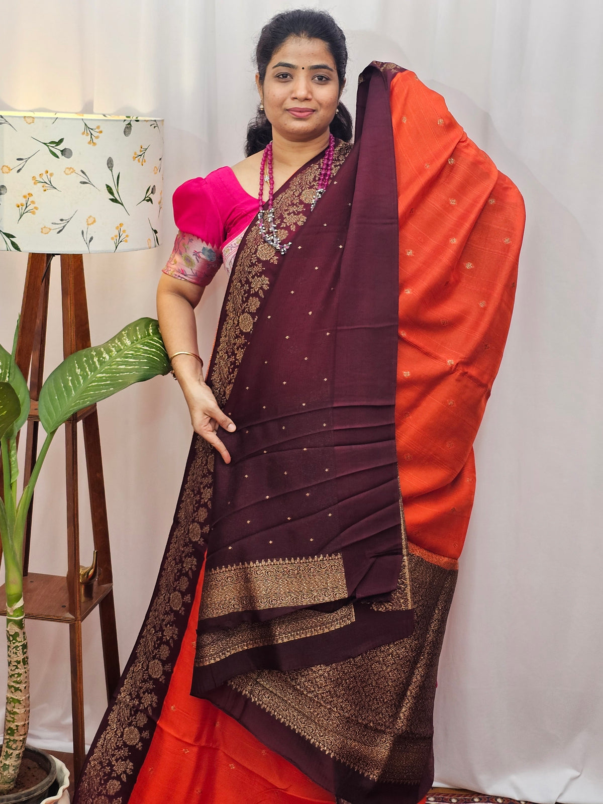 Jute Banarasi Silk Saree - Orange with Brown