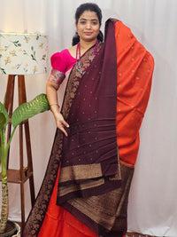Jute Banarasi Silk Saree - Orange with Brown