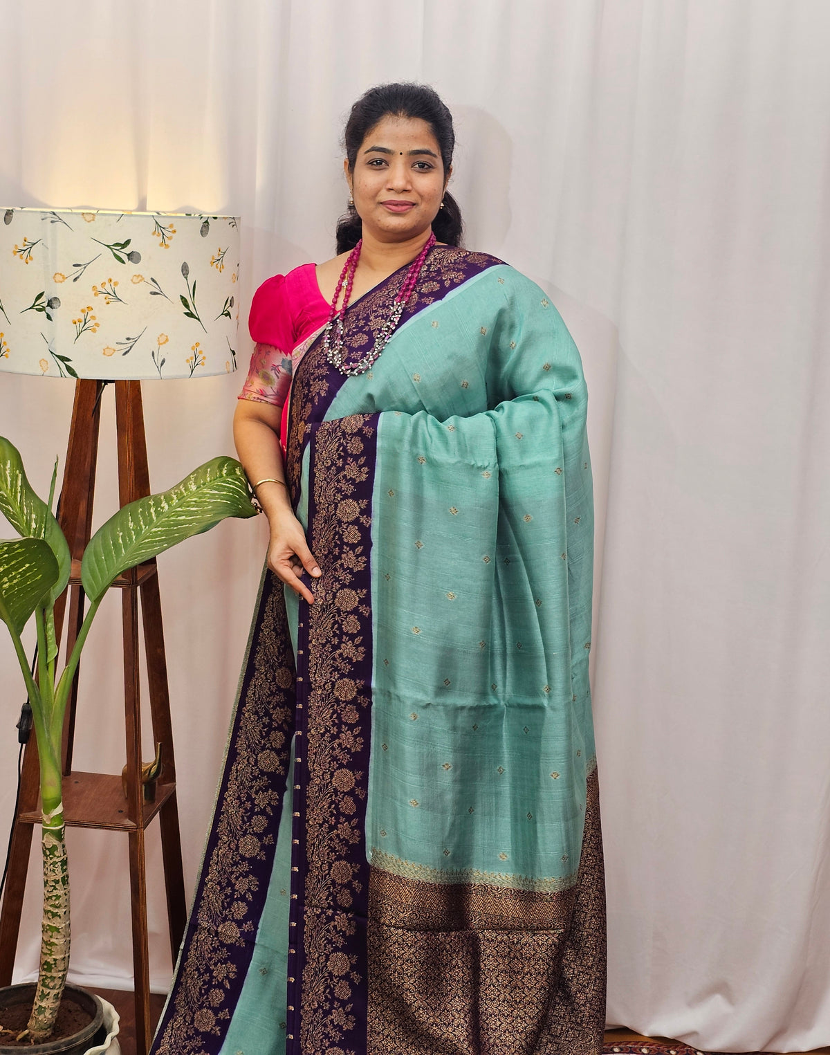 Jute Banarasi Silk Saree - Sea Green with Purple
