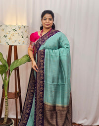 Jute Banarasi Silk Saree - Sea Green with Purple