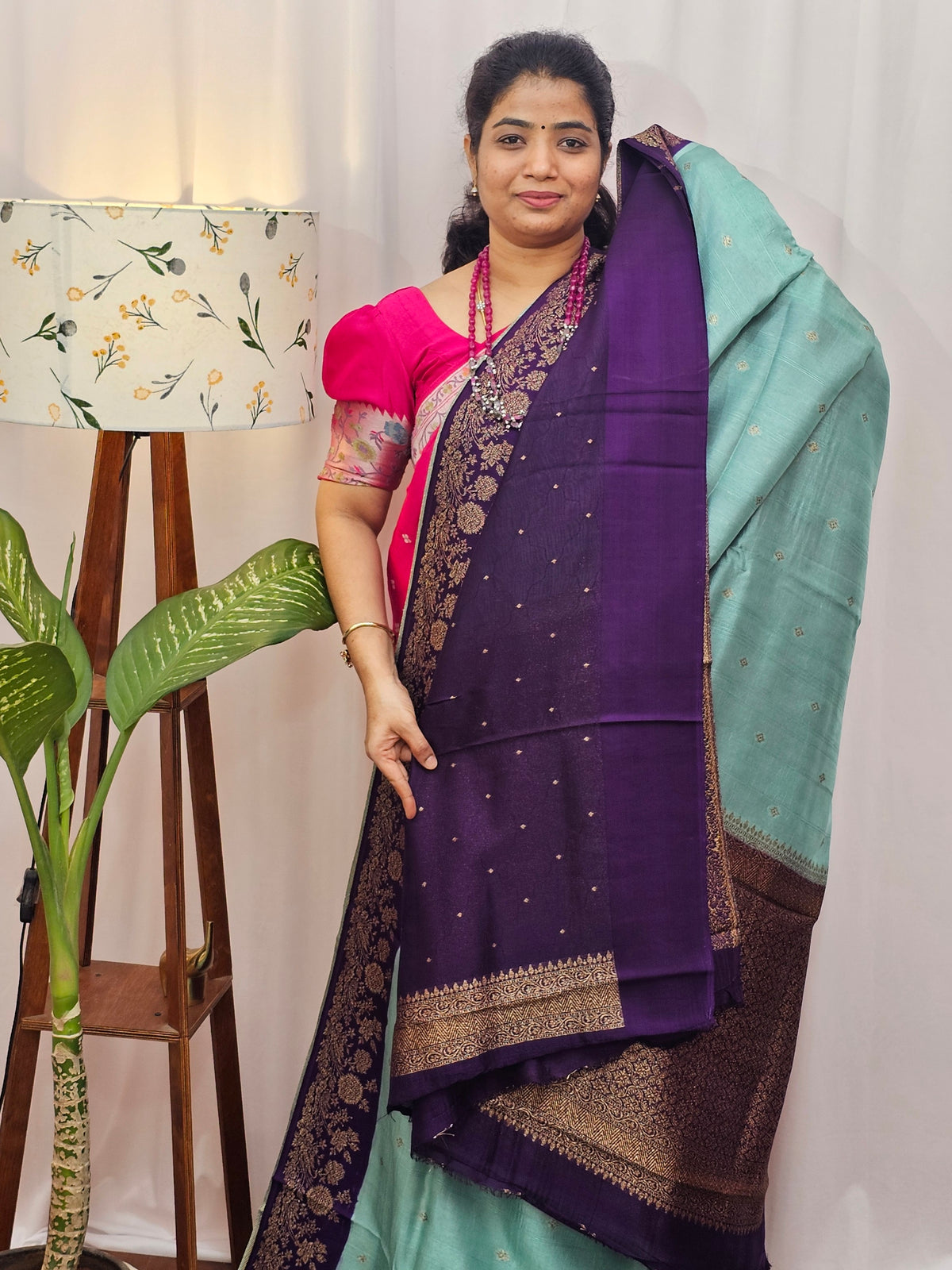 Jute Banarasi Silk Saree - Sea Green with Purple