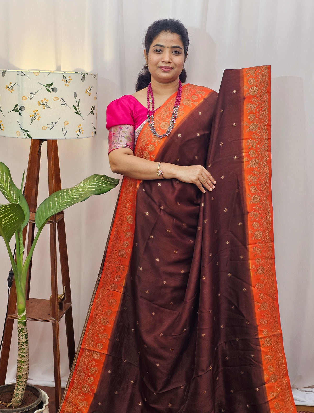 Jute Banarasi Silk Saree - Brown with Orange