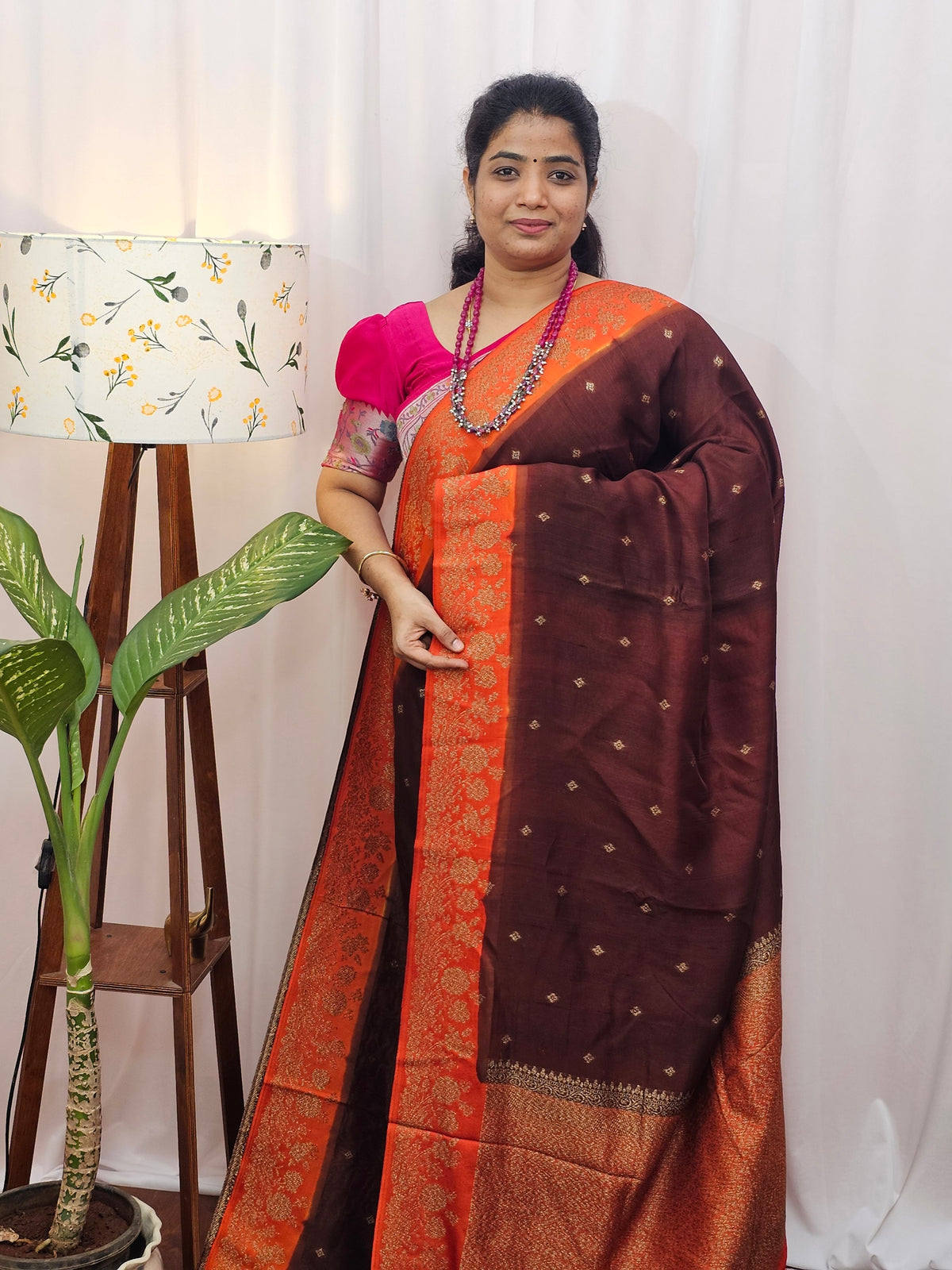 Jute Banarasi Silk Saree - Brown with Orange