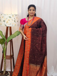 Jute Banarasi Silk Saree - Brown with Orange