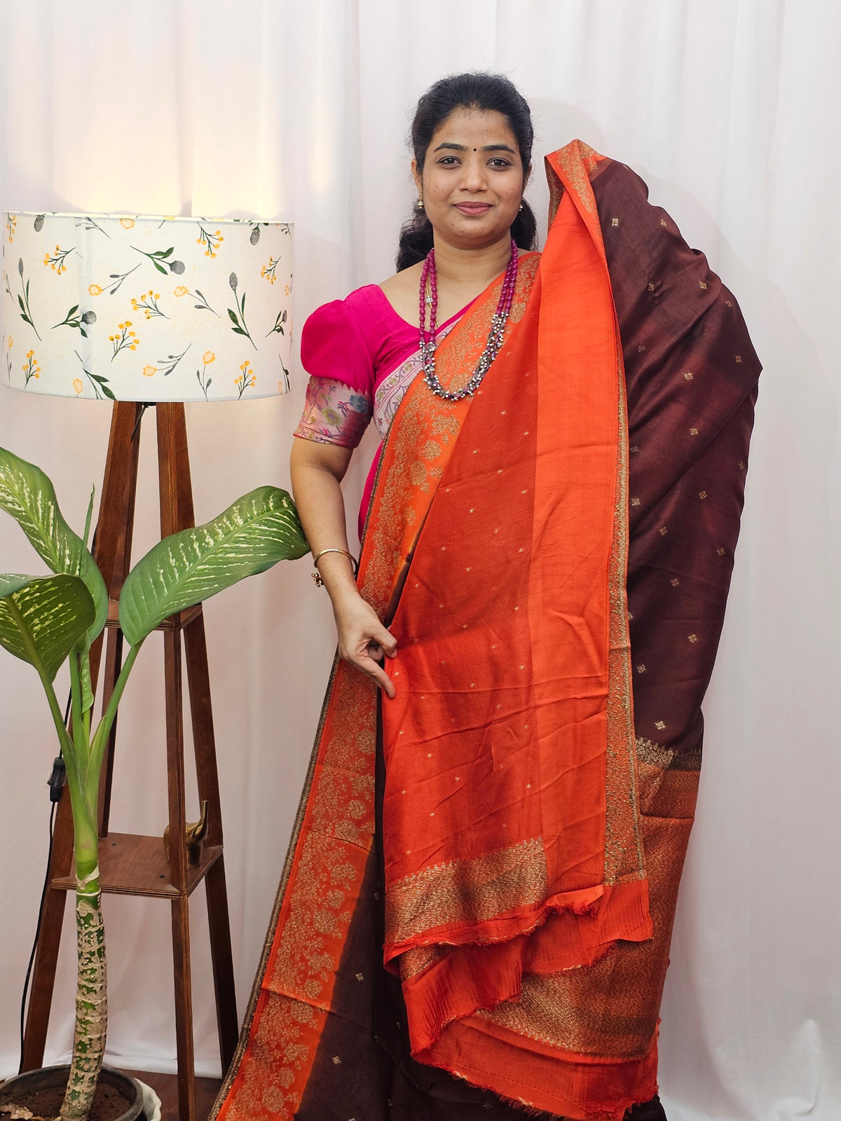 Jute Banarasi Silk Saree - Brown with Orange