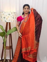 Jute Banarasi Silk Saree - Brown with Orange