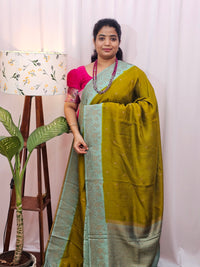 Jute Banarasi Silk Saree -  Mehindi Green with Sea Green