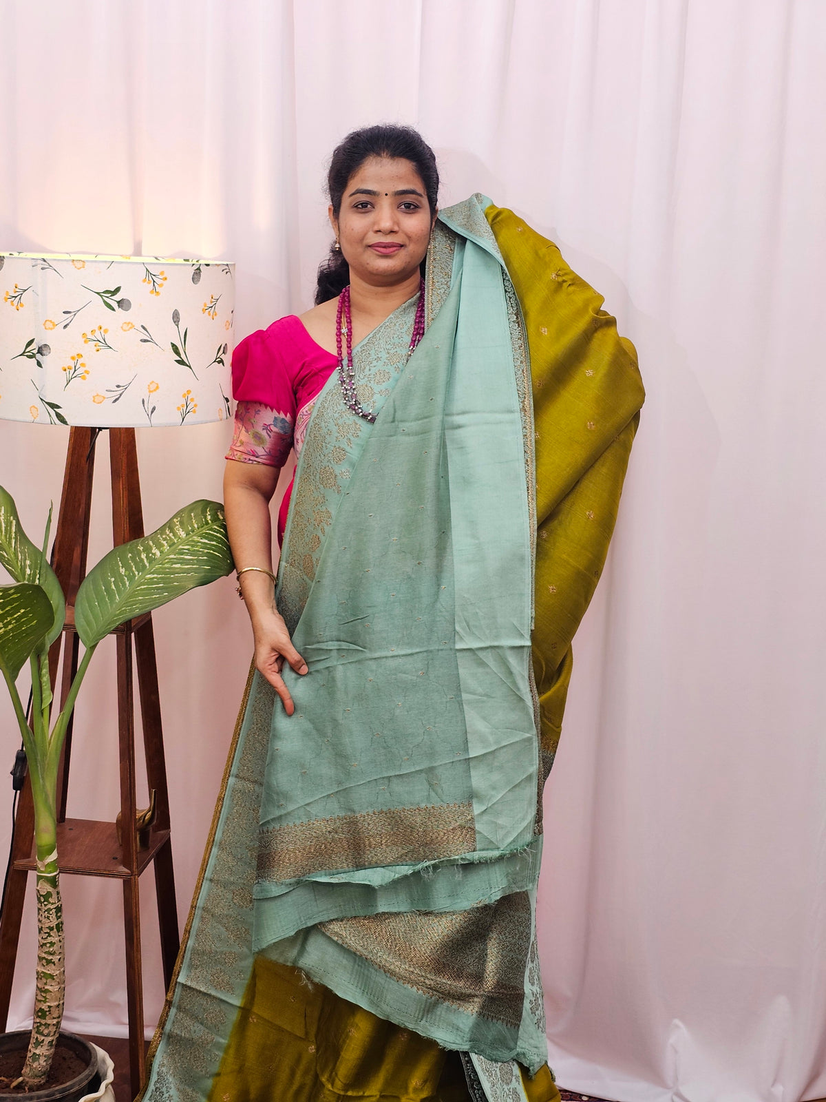 Jute Banarasi Silk Saree -  Mehindi Green with Sea Green