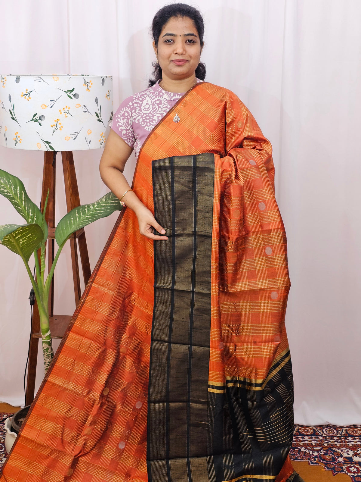 Semi Raw Silk Saree - Orange with Black