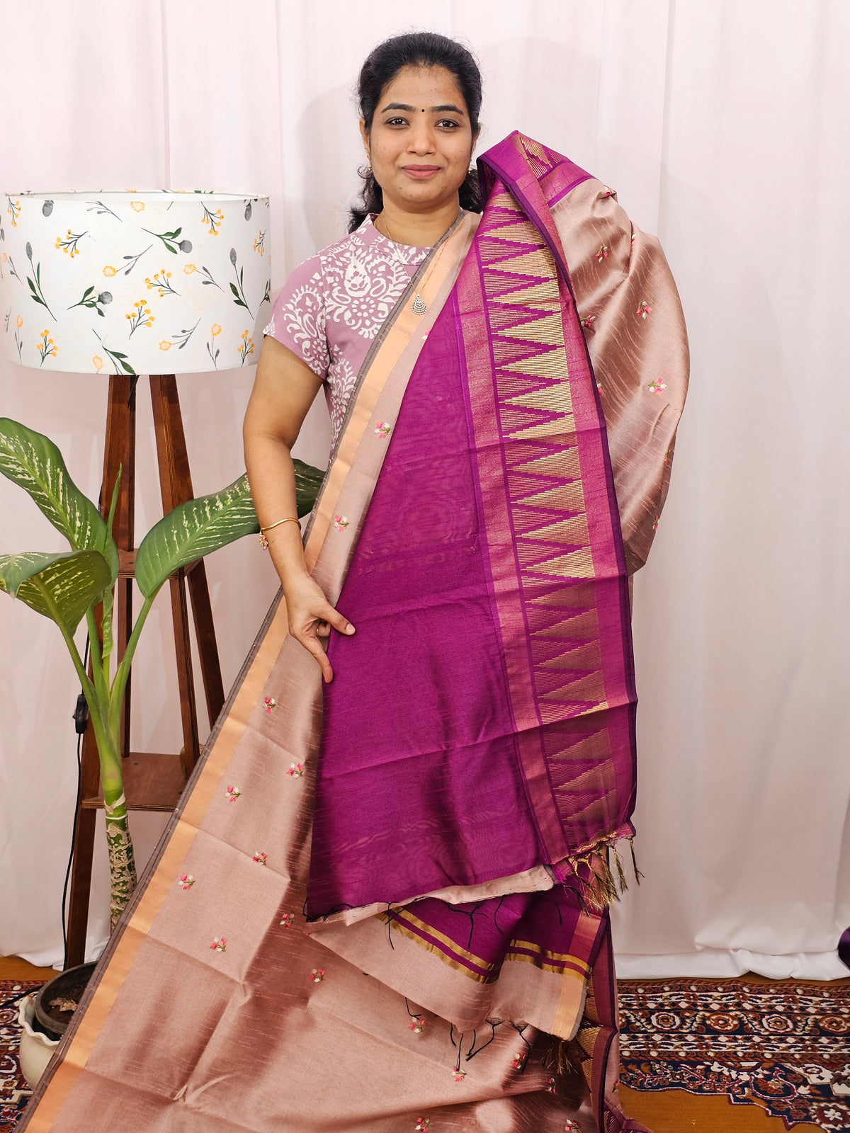 Semi Raw Silk Saree with Emboridery - Onion Pink with Magenta Pink