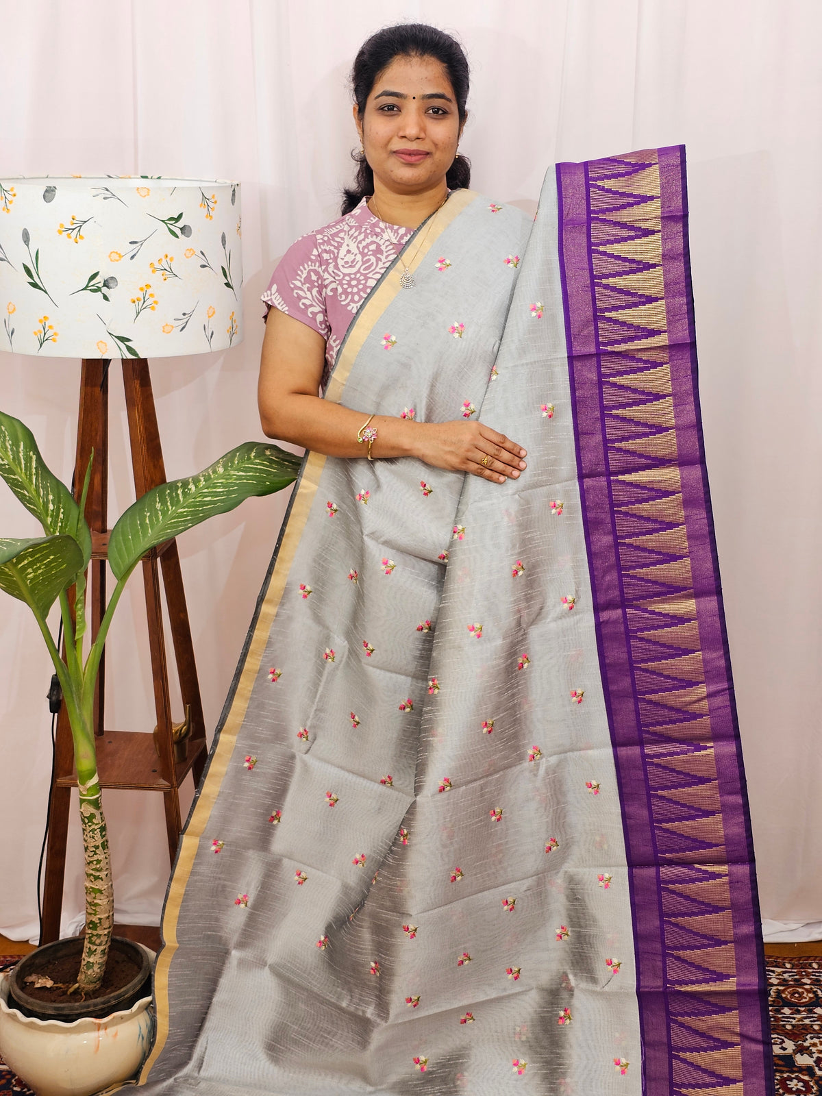 Semi Raw Silk Saree with Emboridery - Metallic Grey with Purple