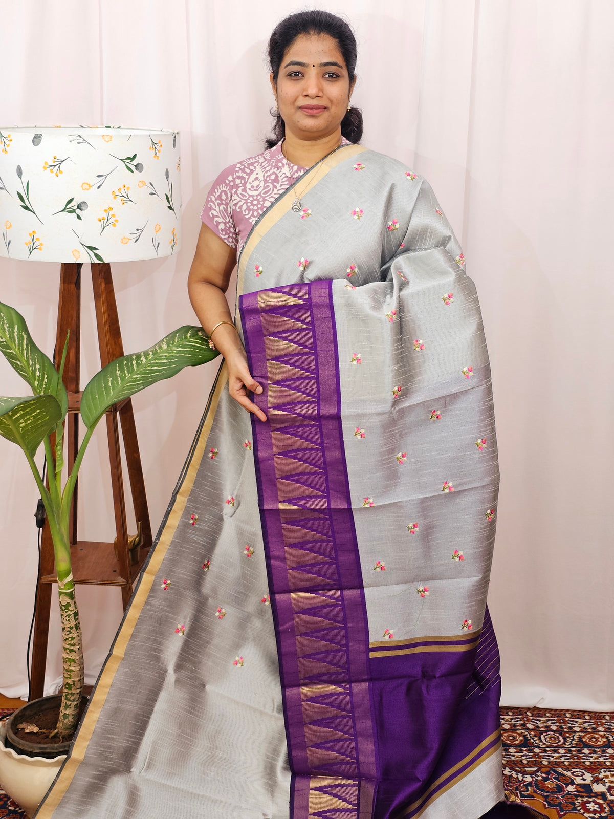 Semi Raw Silk Saree with Emboridery - Metallic Grey with Purple