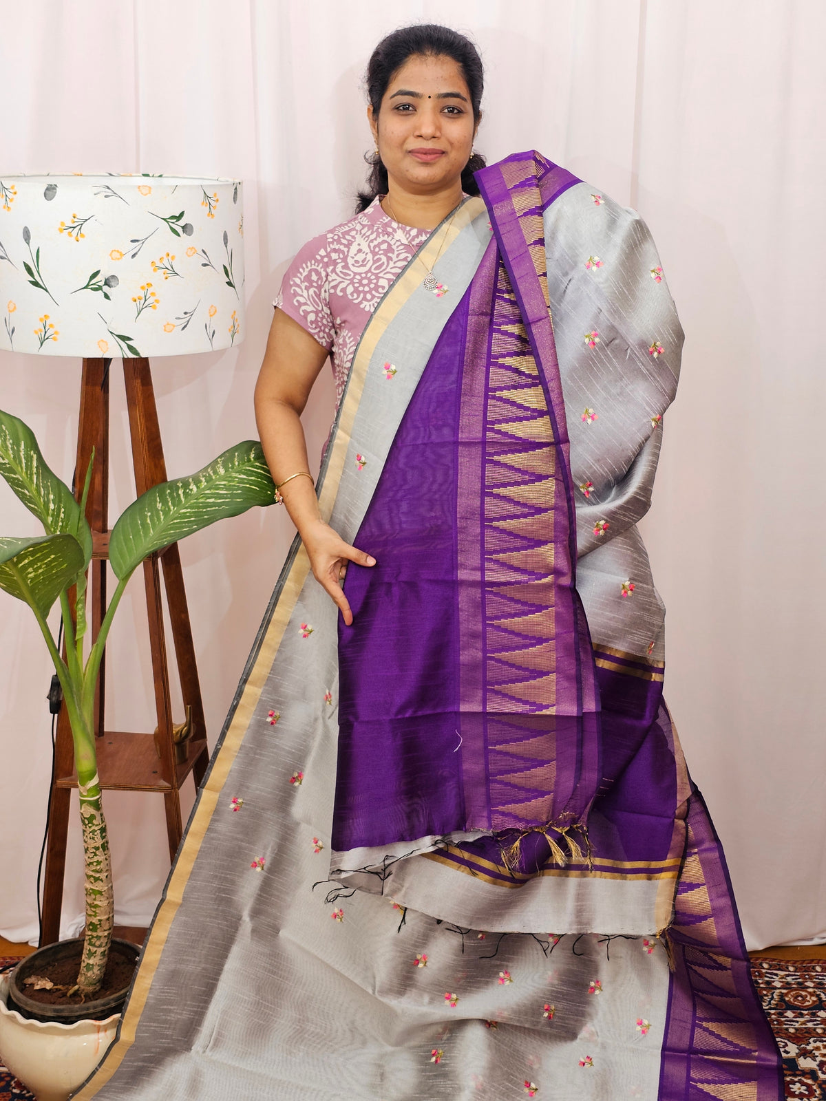 Semi Raw Silk Saree with Emboridery - Metallic Grey with Purple