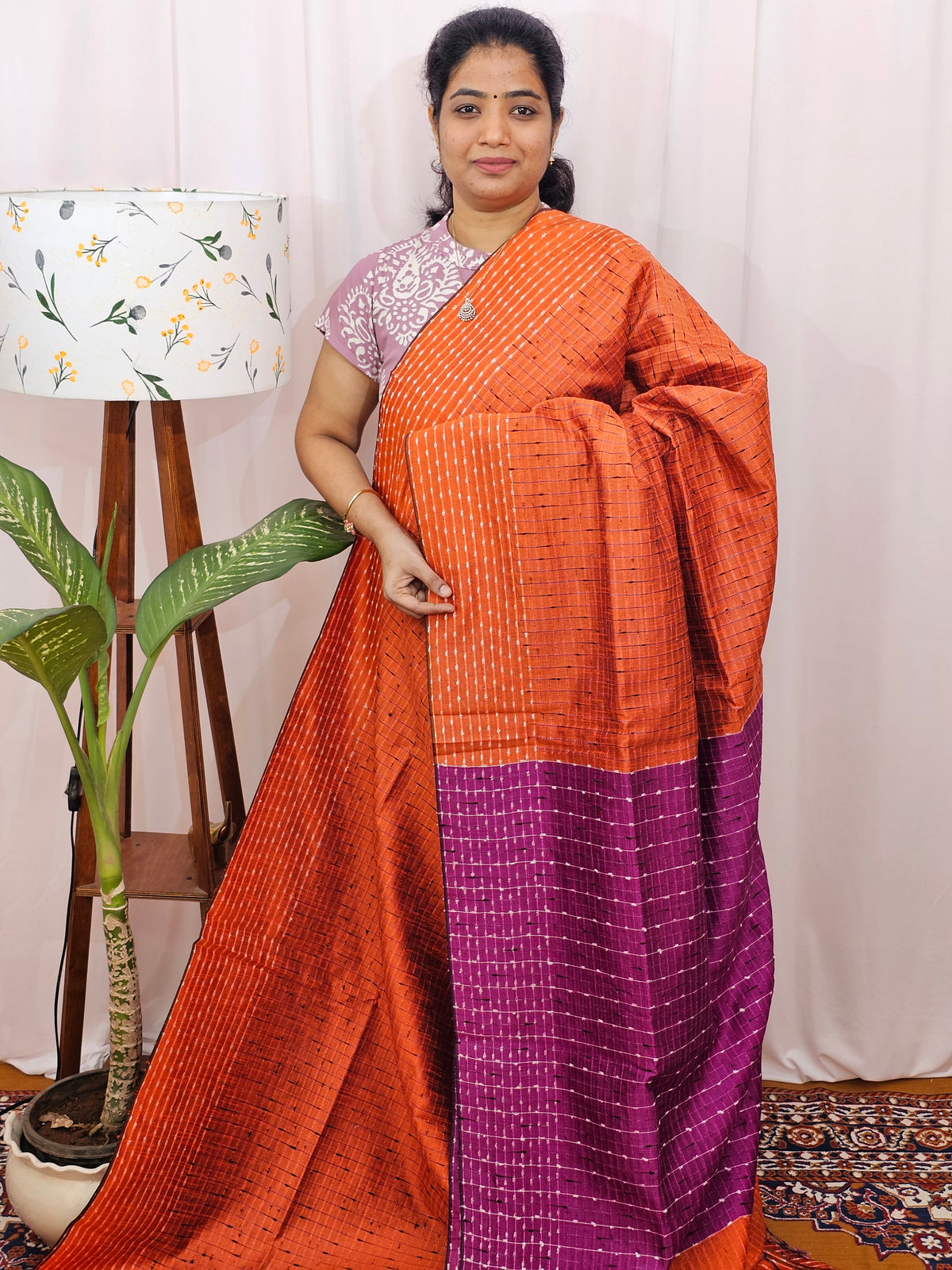 Semi Raw Silk Saree - Orange with Magenta Pink