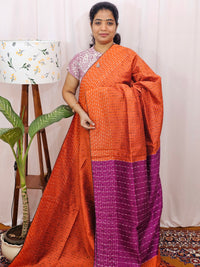Semi Raw Silk Saree - Orange with Magenta Pink