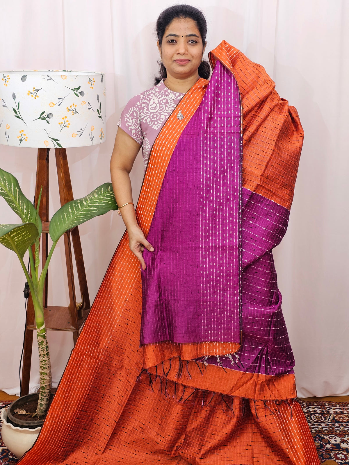 Semi Raw Silk Saree - Orange with Magenta Pink
