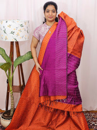 Semi Raw Silk Saree - Orange with Magenta Pink