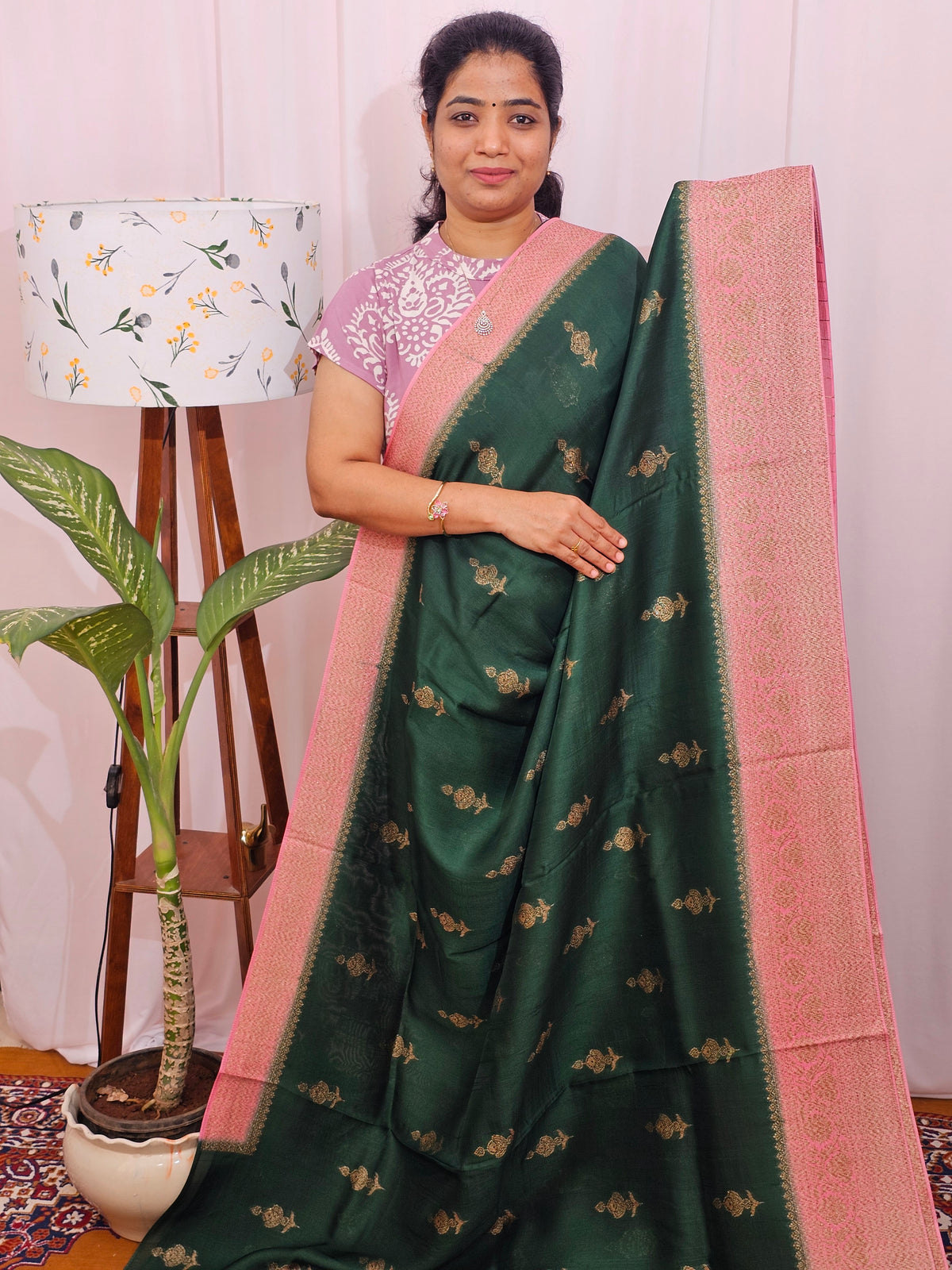 Jute Banarasi Silk Saree - Bottle Green with Pink