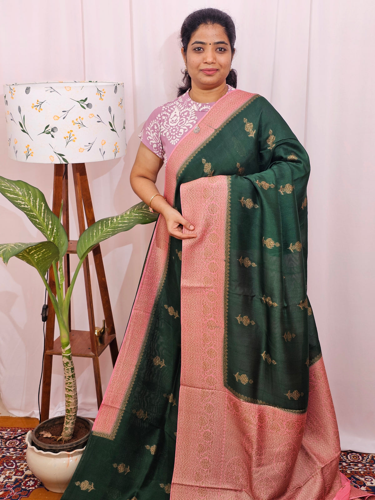 Jute Banarasi Silk Saree - Bottle Green with Pink
