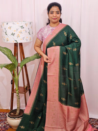 Jute Banarasi Silk Saree - Bottle Green with Pink