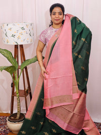 Jute Banarasi Silk Saree - Bottle Green with Pink