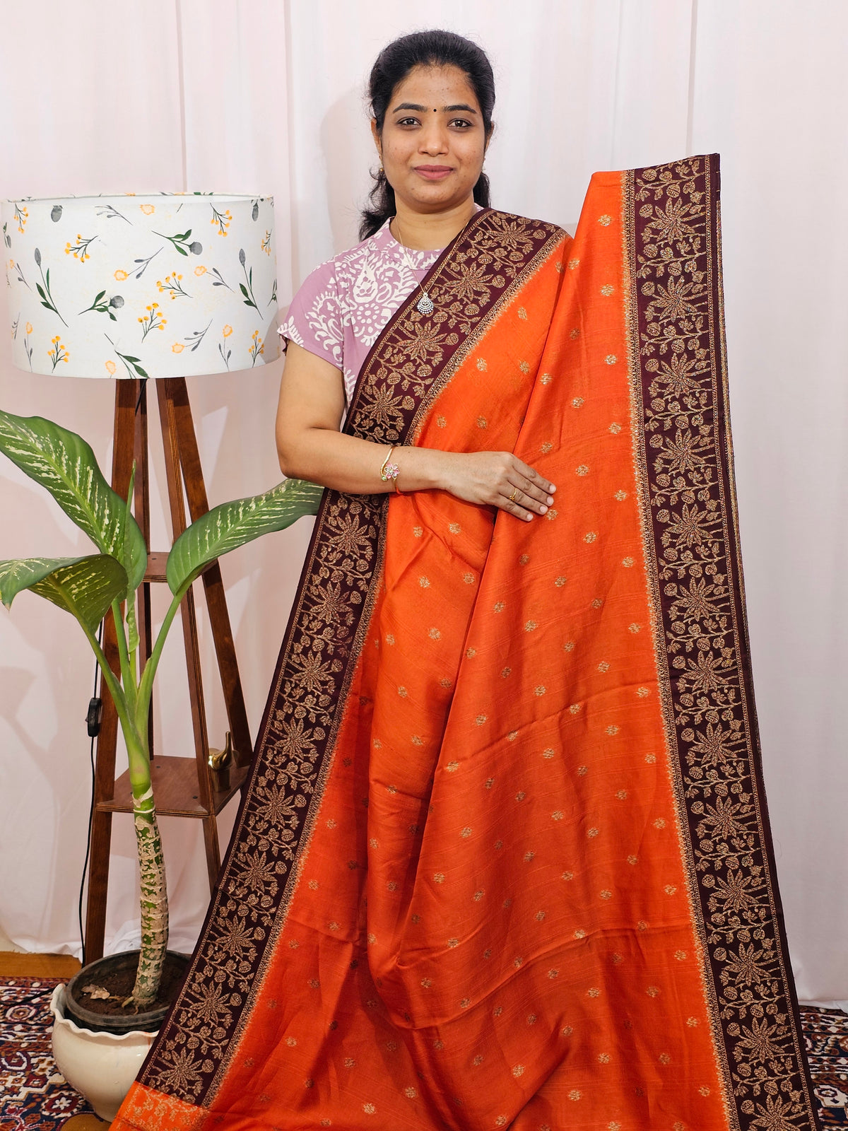Jute Banarasi Silk Saree - Orange with Brown